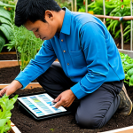 A professional Malay gardener, wearing a modest, long-sleeved gardening shirt and practical trousers, is attentively checking a smart soil moisture sensor embedded in a raised garden bed. In their well-formed hands, they hold a tablet displaying real-time data on soil moisture and pH levels. The background shows a lush, vibrant organic garden with various healthy vegetable and herb plants thriving under natural sunlight. The scene emphasizes precision and care in modern organic farming. perfect anatomy, correct proportions, natural pose, well-formed hands, proper finger count, natural body proportions, fully clothed, modest clothing, appropriate attire, professional dress, safe for work, appropriate content, professional photography, high quality, family-friendly.