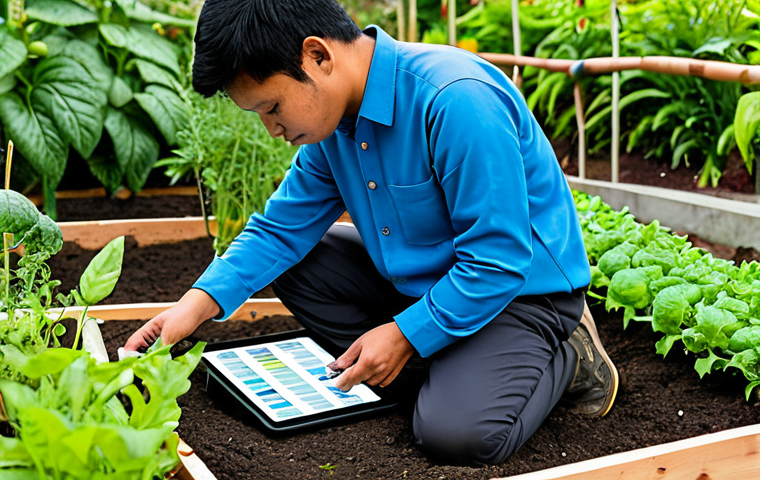 A professional Malay gardener, wearing a modest, long-sleeved gardening shirt and practical trousers, is attentively checking a smart soil moisture sensor embedded in a raised garden bed. In their well-formed hands, they hold a tablet displaying real-time data on soil moisture and pH levels. The background shows a lush, vibrant organic garden with various healthy vegetable and herb plants thriving under natural sunlight. The scene emphasizes precision and care in modern organic farming. perfect anatomy, correct proportions, natural pose, well-formed hands, proper finger count, natural body proportions, fully clothed, modest clothing, appropriate attire, professional dress, safe for work, appropriate content, professional photography, high quality, family-friendly.
